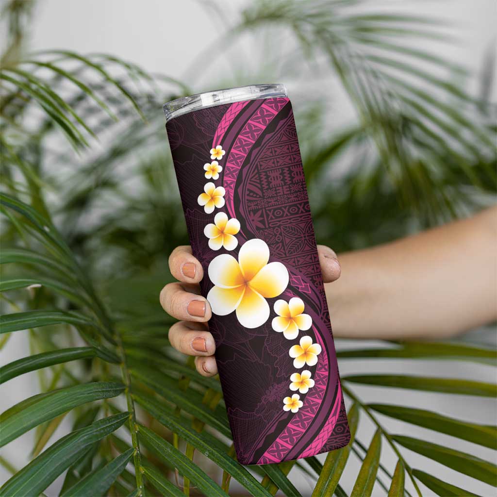 Polynesian Hibiscus and Plumeria with Tapa Pattern Skinny Tumbler Pink Color