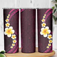 Polynesian Hibiscus and Plumeria with Tapa Pattern Skinny Tumbler Pink Color