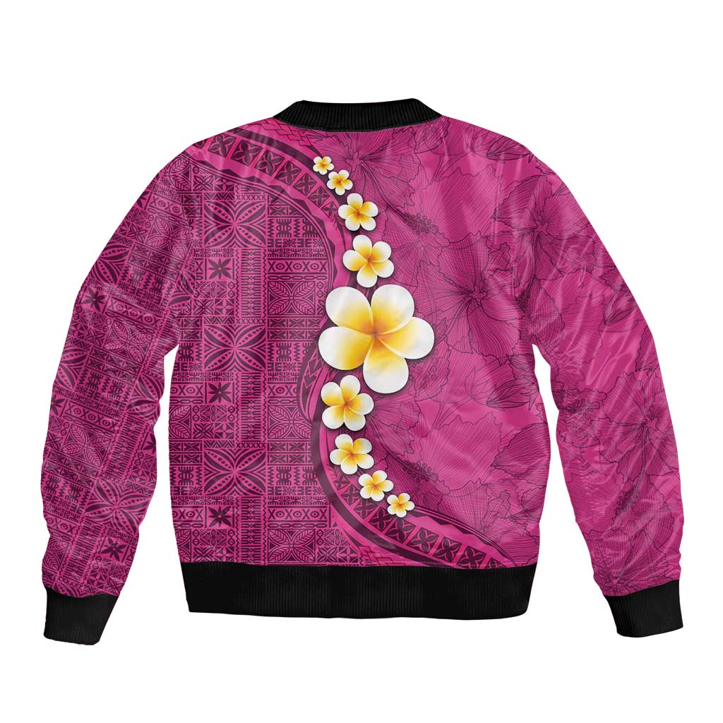 Polynesian Hibiscus and Plumeria with Tapa Pattern Sleeve Zip Bomber Jacket Pink Color