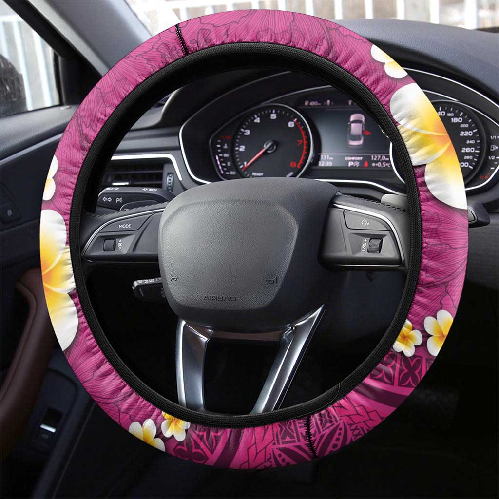 Polynesian Hibiscus and Plumeria with Tapa Pattern Steering Wheel Cover Pink Color LT03 - Polynesian Pride