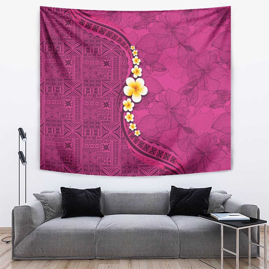 Polynesian Hibiscus and Plumeria with Tapa Pattern Tapestry Pink Color