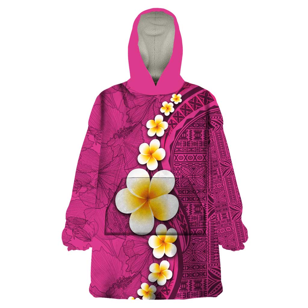 Polynesian Hibiscus and Plumeria with Tapa Pattern Wearable Blanket Hoodie Pink Color LT03 One Size Pink - Polynesian Pride