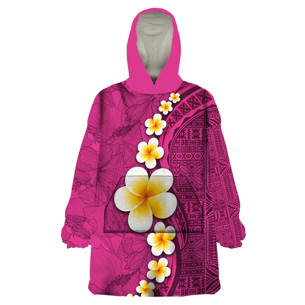 Polynesian Hibiscus and Plumeria with Tapa Pattern Wearable Blanket Hoodie Pink Color