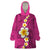 Polynesian Hibiscus and Plumeria with Tapa Pattern Wearable Blanket Hoodie Pink Color