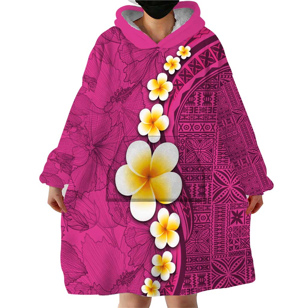 Polynesian Hibiscus and Plumeria with Tapa Pattern Wearable Blanket Hoodie Pink Color LT03 - Polynesian Pride