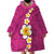 Polynesian Hibiscus and Plumeria with Tapa Pattern Wearable Blanket Hoodie Pink Color