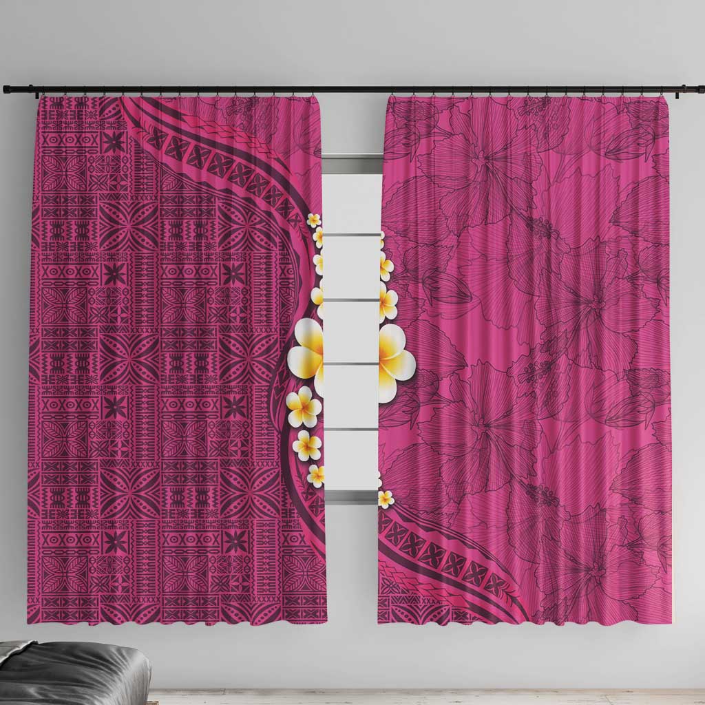 Polynesian Hibiscus and Plumeria with Tapa Pattern Window Curtain Pink Color