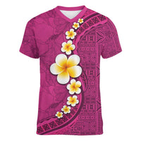Polynesian Hibiscus and Plumeria with Tapa Pattern Women V-Neck T-Shirt Pink Color