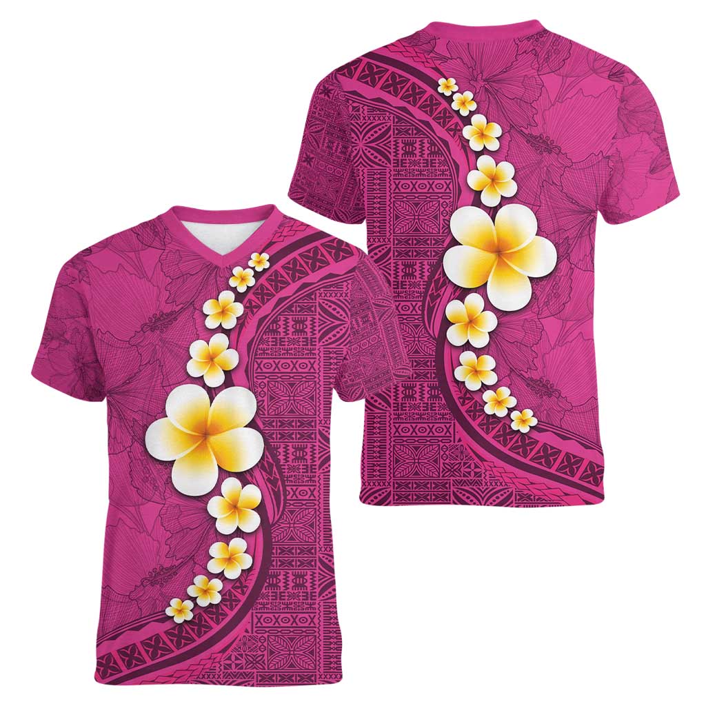 Polynesian Hibiscus and Plumeria with Tapa Pattern Women V-Neck T-Shirt Pink Color