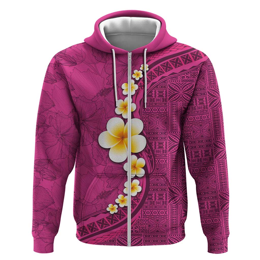 Polynesian Hibiscus and Plumeria with Tapa Pattern Zip Hoodie Pink Color