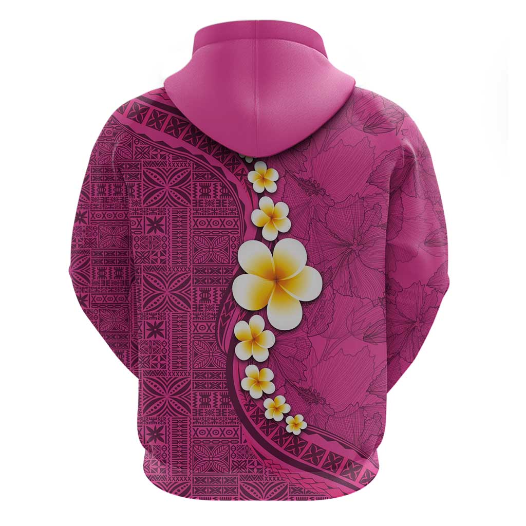 Polynesian Hibiscus and Plumeria with Tapa Pattern Zip Hoodie Pink Color