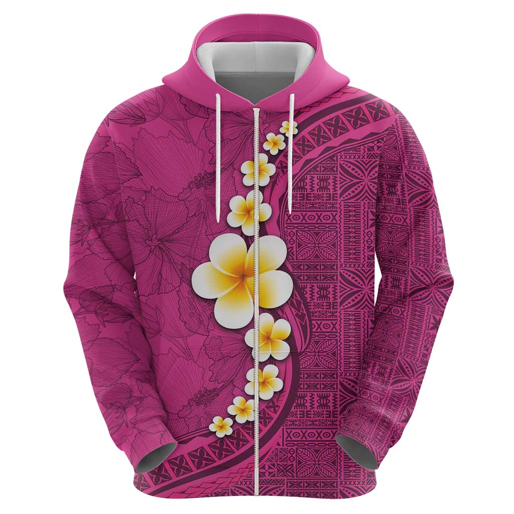 Polynesian Hibiscus and Plumeria with Tapa Pattern Zip Hoodie Pink Color