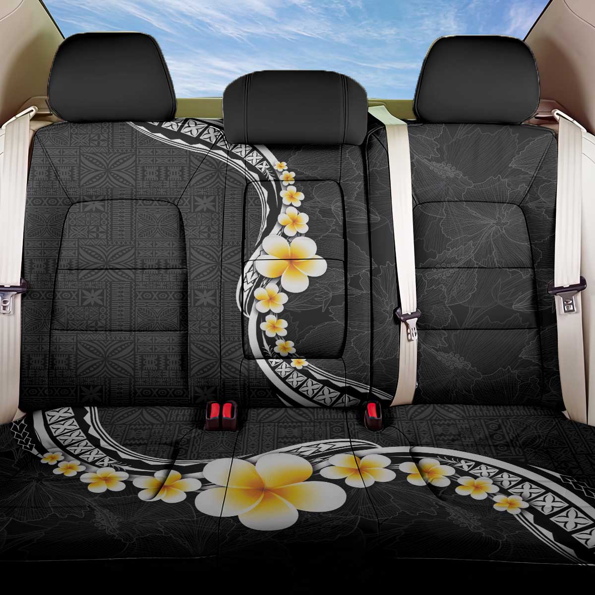Pacific Hibiscus and Plumeria with Tapa Pattern Back Car Seat Cover Black Color LT03 One Size Black - Polynesian Pride