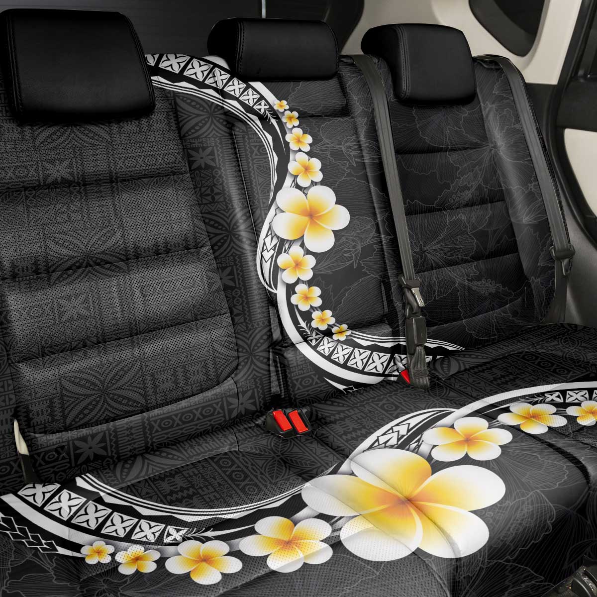 Pacific Hibiscus and Plumeria with Tapa Pattern Back Car Seat Cover Black Color LT03 - Polynesian Pride