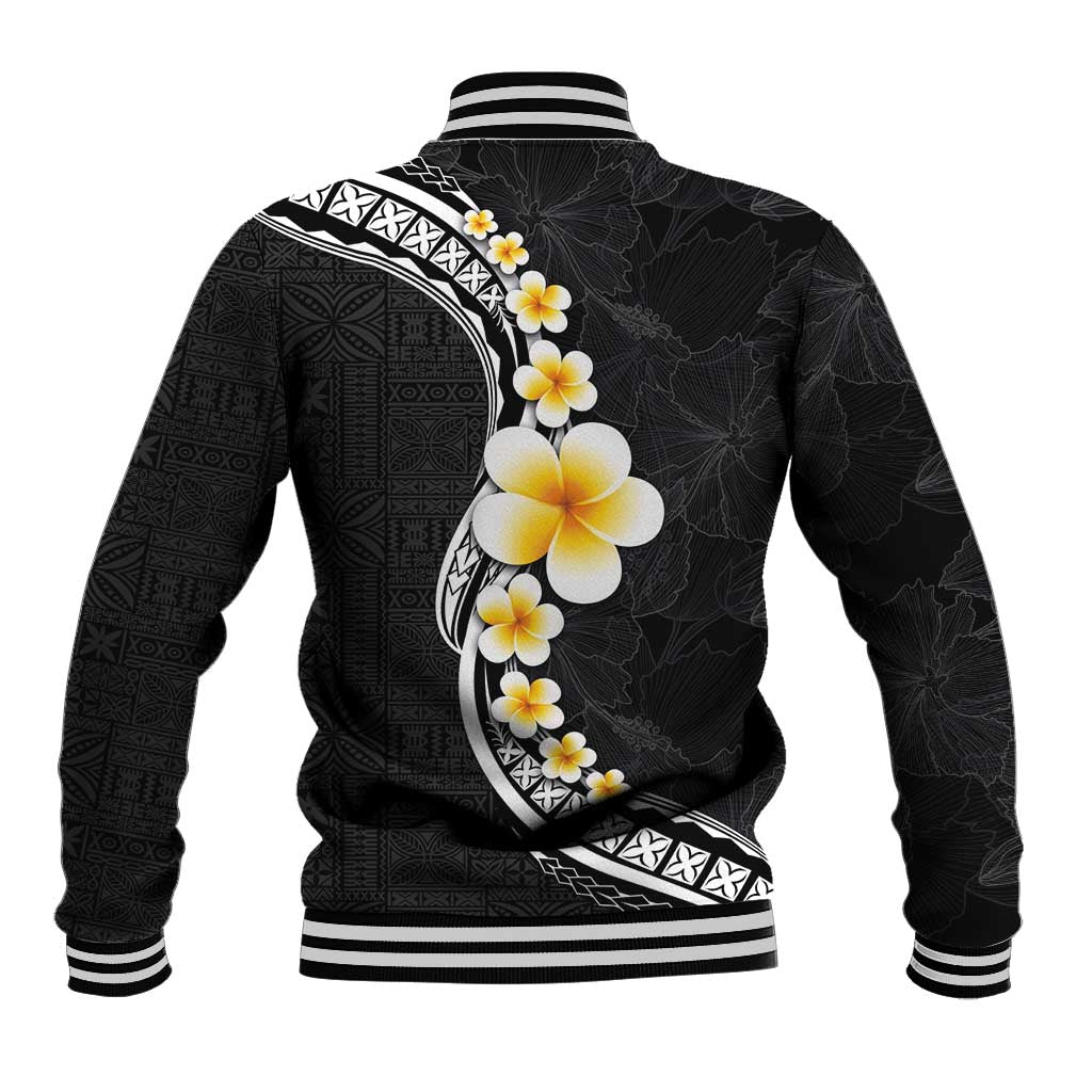 Pacific Hibiscus and Plumeria with Tapa Pattern Baseball Jacket Black Color LT03 - Polynesian Pride