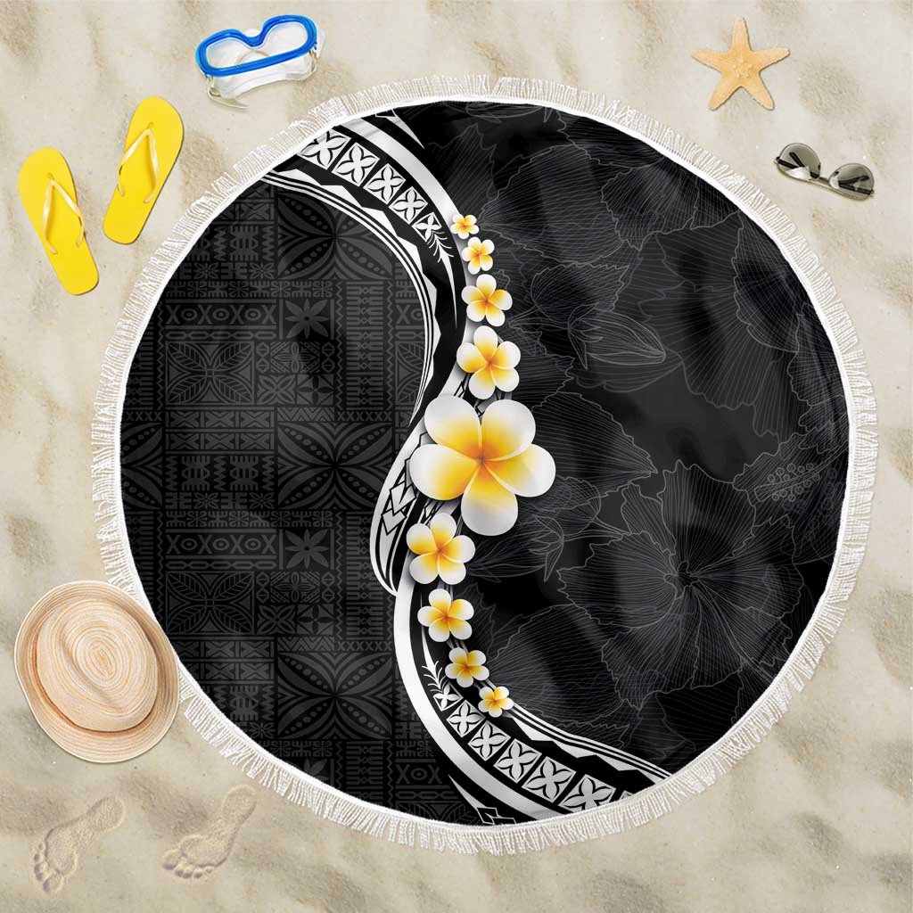 Pacific Hibiscus and Plumeria with Tapa Pattern Beach Blanket Black Color