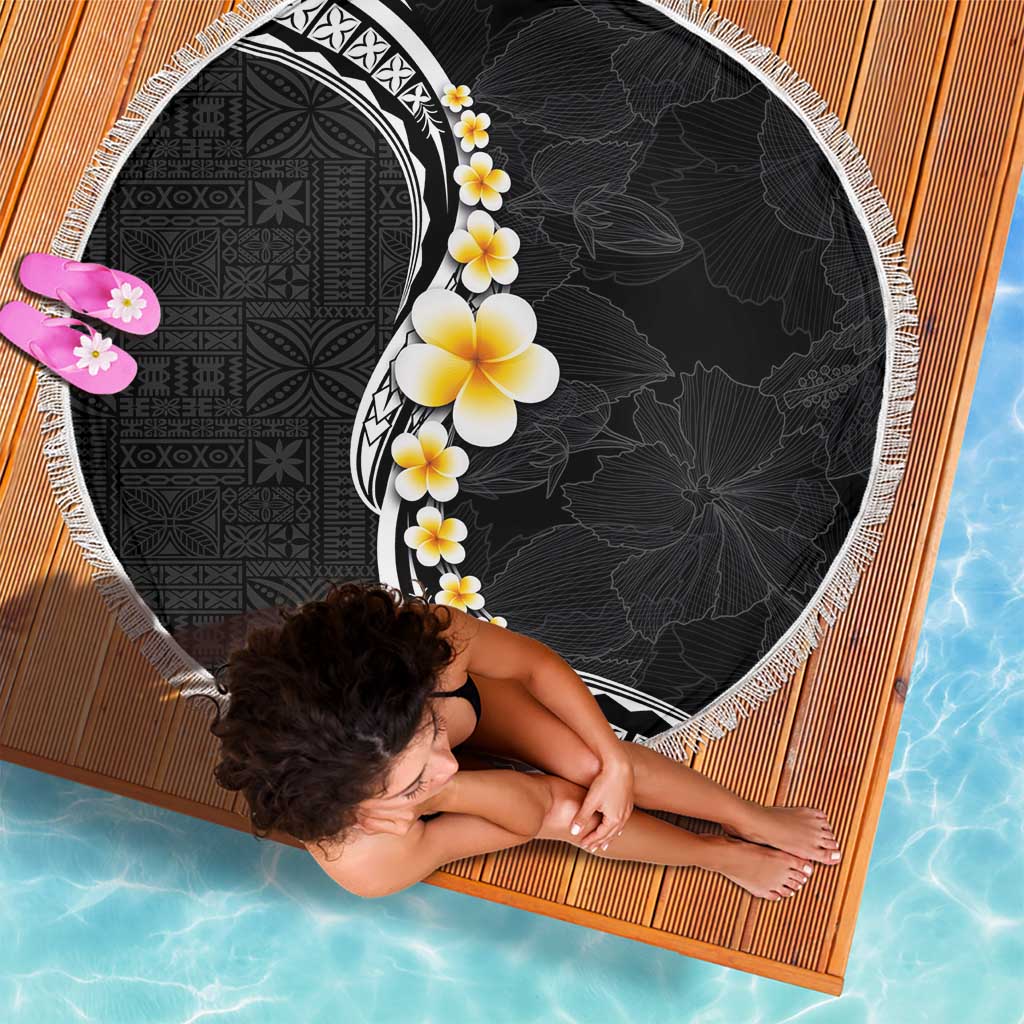 Pacific Hibiscus and Plumeria with Tapa Pattern Beach Blanket Black Color LT03 - Polynesian Pride