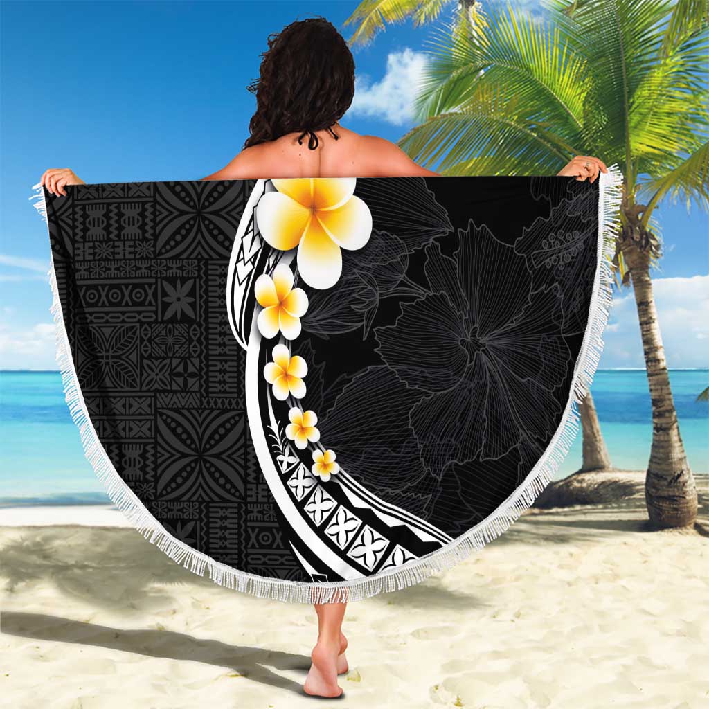 Pacific Hibiscus and Plumeria with Tapa Pattern Beach Blanket Black Color LT03 - Polynesian Pride