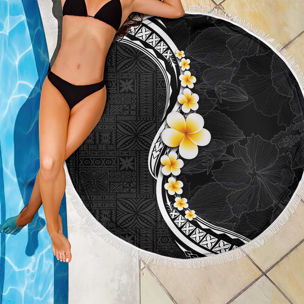 Pacific Hibiscus and Plumeria with Tapa Pattern Beach Blanket Black Color LT03 - Polynesian Pride