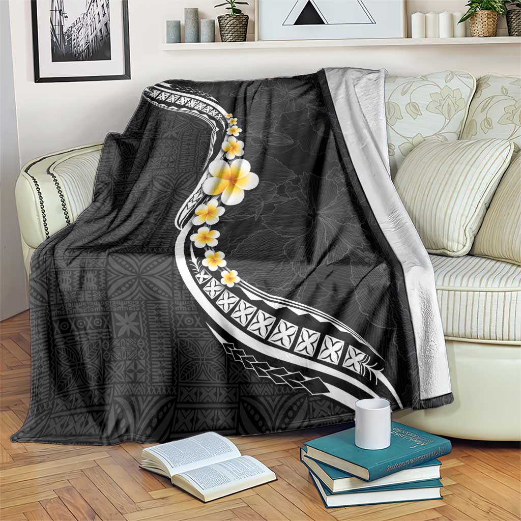 Pacific Hibiscus and Plumeria with Tapa Pattern Blanket Black Color