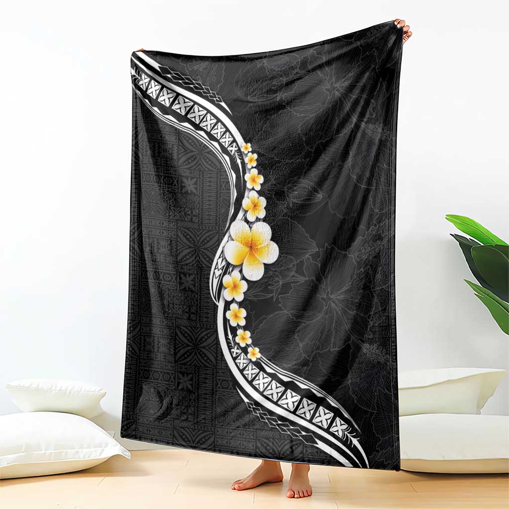 Pacific Hibiscus and Plumeria with Tapa Pattern Blanket Black Color LT03 - Polynesian Pride