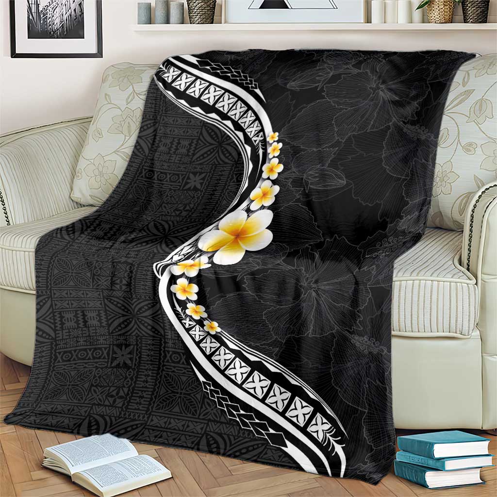Pacific Hibiscus and Plumeria with Tapa Pattern Blanket Black Color LT03 - Polynesian Pride