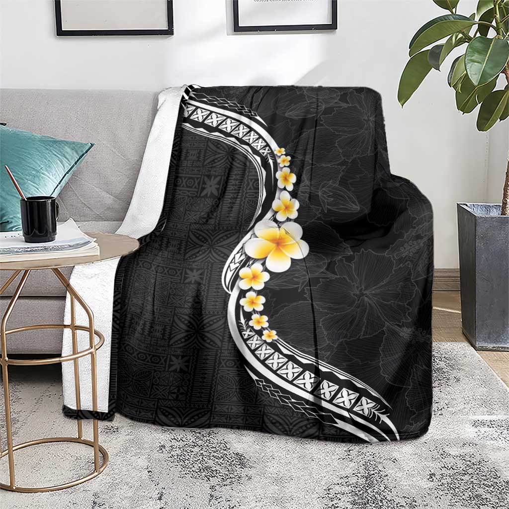 Pacific Hibiscus and Plumeria with Tapa Pattern Blanket Black Color LT03 - Polynesian Pride