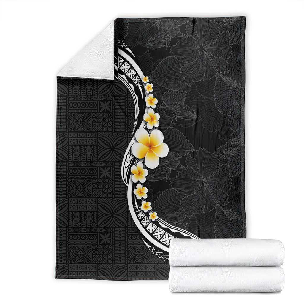 Pacific Hibiscus and Plumeria with Tapa Pattern Blanket Black Color LT03 - Polynesian Pride