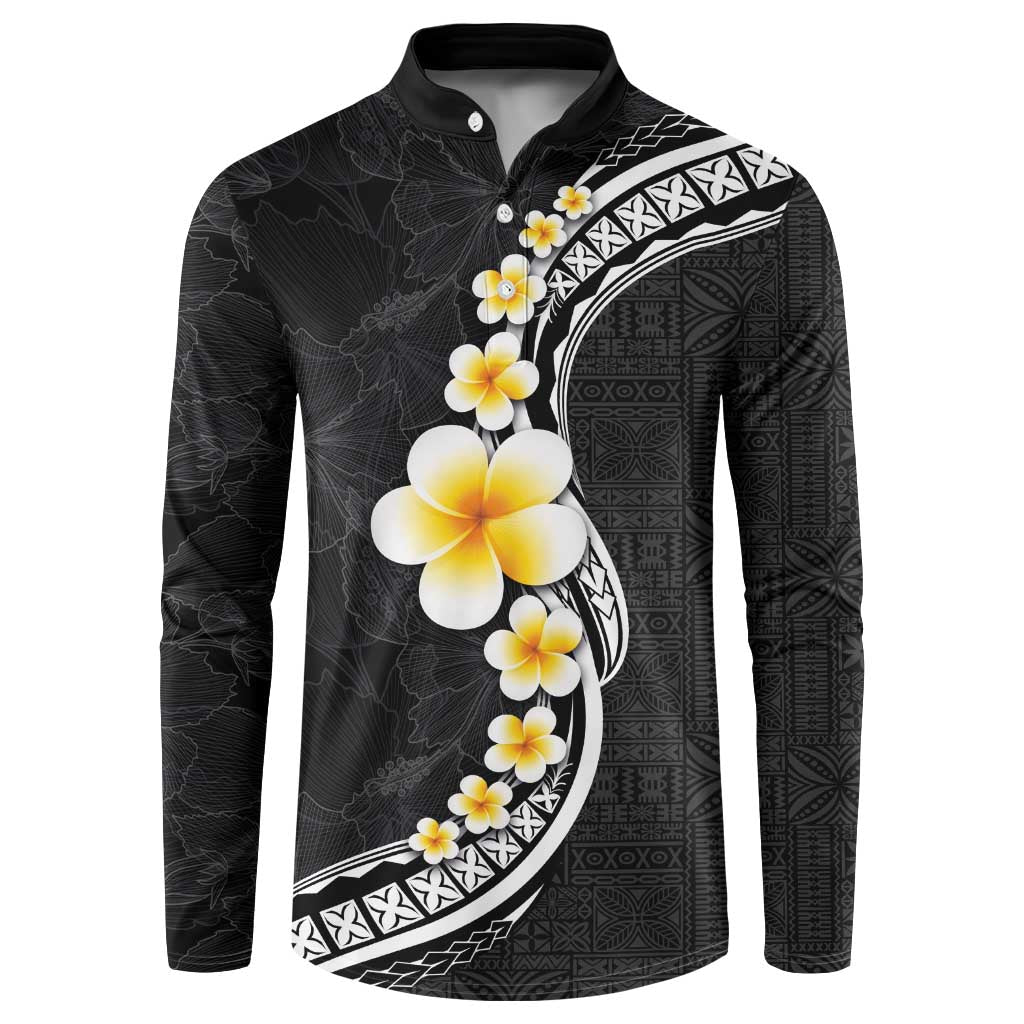 Pacific Hibiscus and Plumeria with Tapa Pattern Button Sweatshirt Black Color LT03 Black - Polynesian Pride