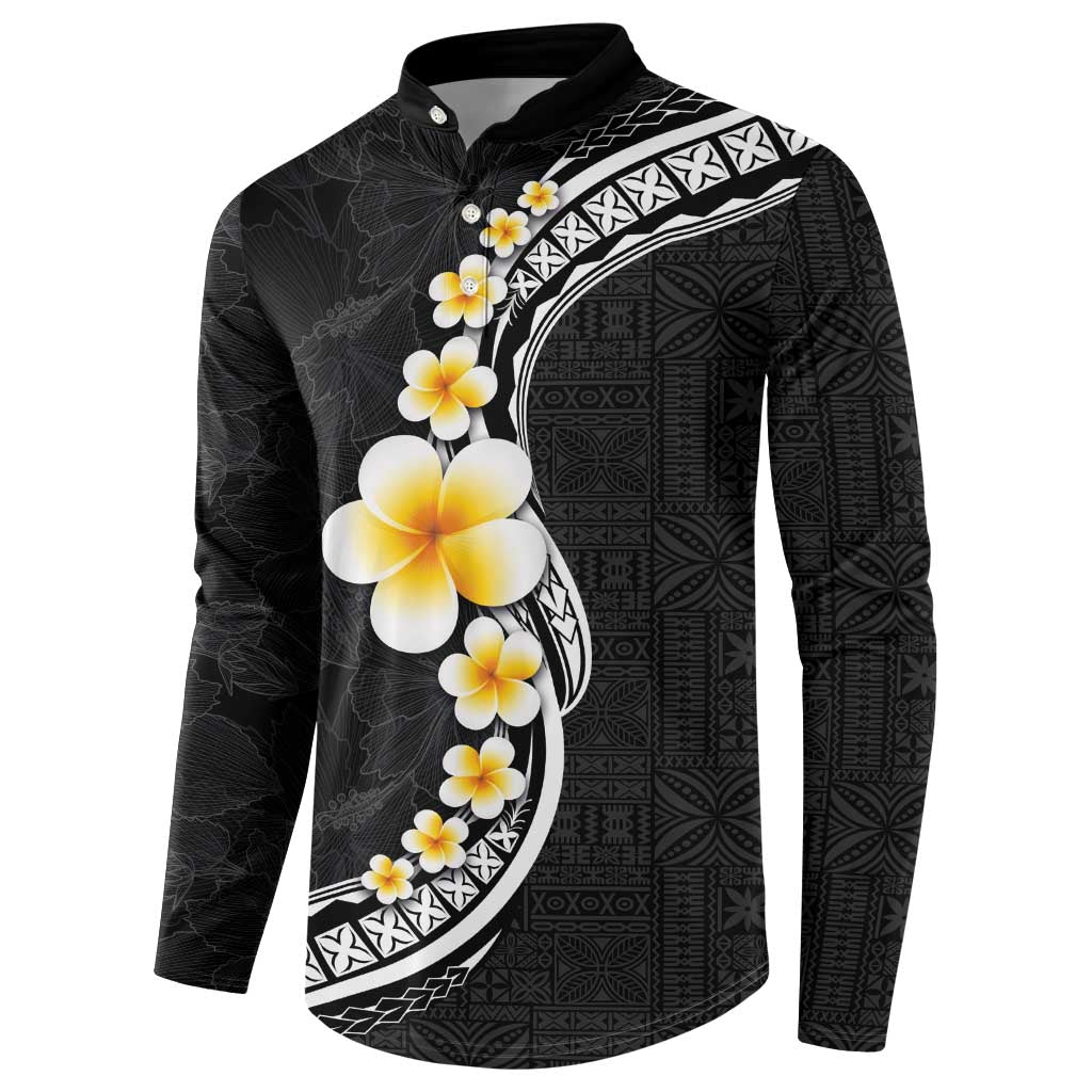 Pacific Hibiscus and Plumeria with Tapa Pattern Button Sweatshirt Black Color LT03 - Polynesian Pride
