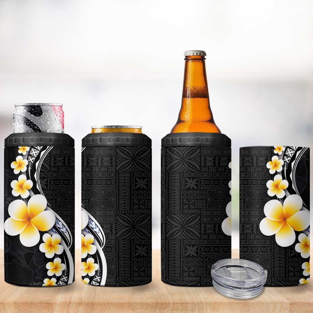 Pacific Hibiscus and Plumeria with Tapa Pattern 4 in 1 Can Cooler Tumbler Black Color