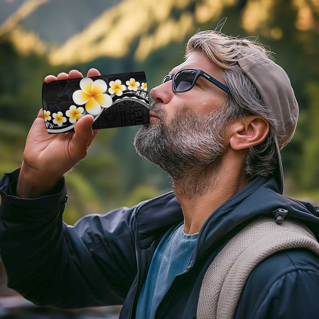 Pacific Hibiscus and Plumeria with Tapa Pattern 4 in 1 Can Cooler Tumbler Black Color