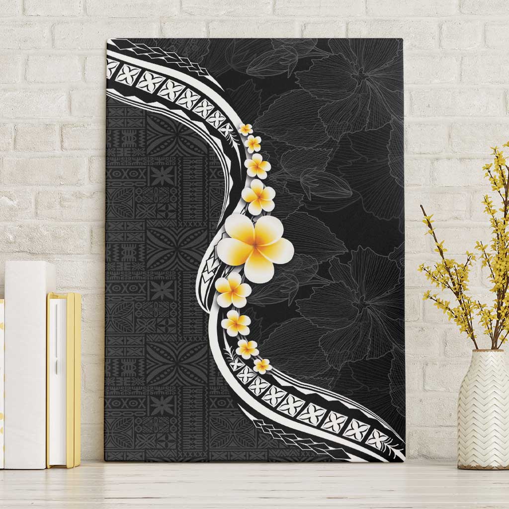 Pacific Hibiscus and Plumeria with Tapa Pattern Canvas Wall Art Black Color