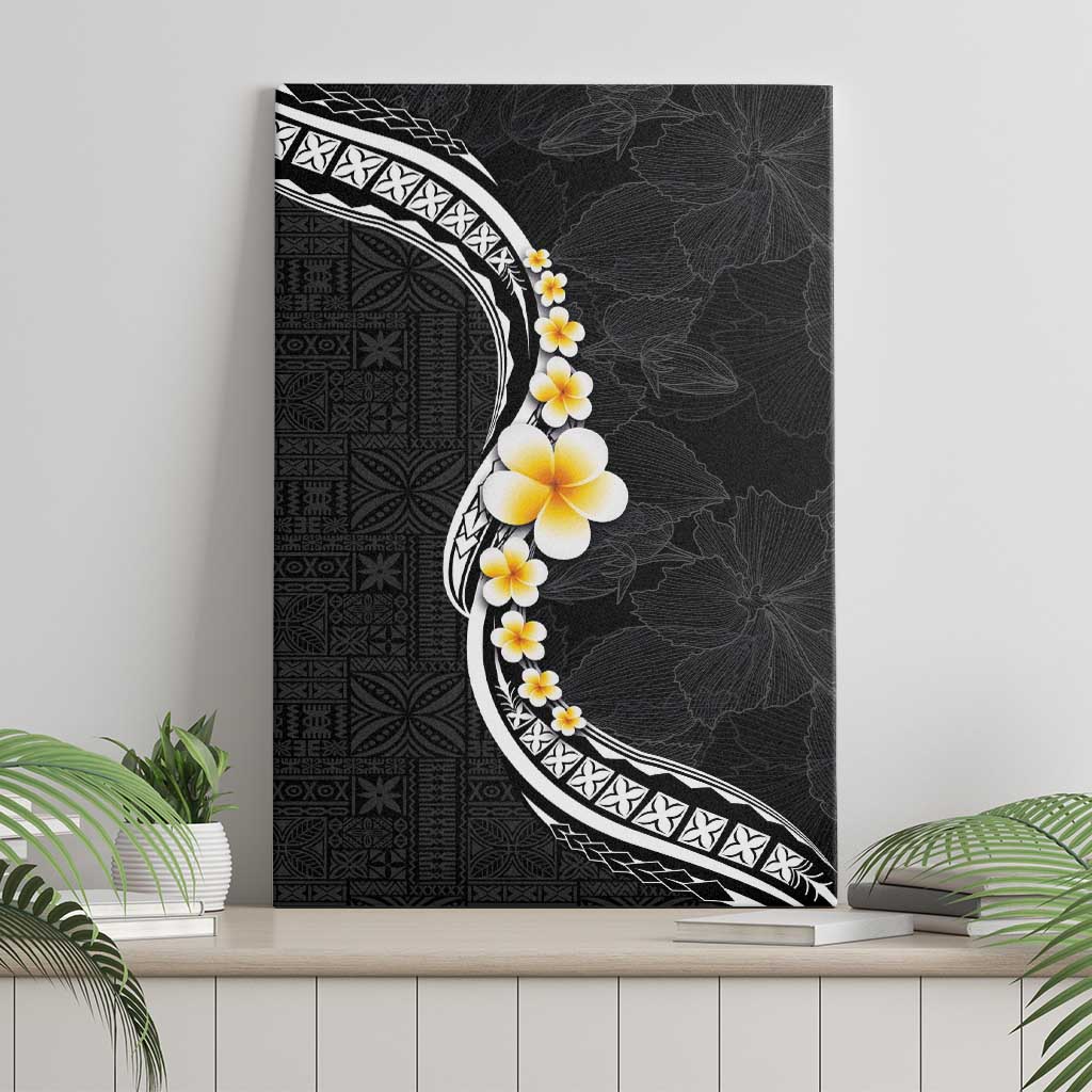 Pacific Hibiscus and Plumeria with Tapa Pattern Canvas Wall Art Black Color LT03 - Polynesian Pride