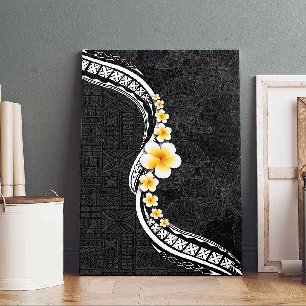 Pacific Hibiscus and Plumeria with Tapa Pattern Canvas Wall Art Black Color LT03 - Polynesian Pride
