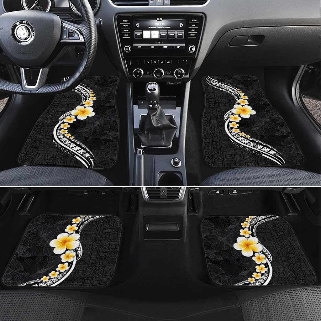 Pacific Hibiscus and Plumeria with Tapa Pattern Car Mats Black Color LT03 Set 4pcs Black - Polynesian Pride
