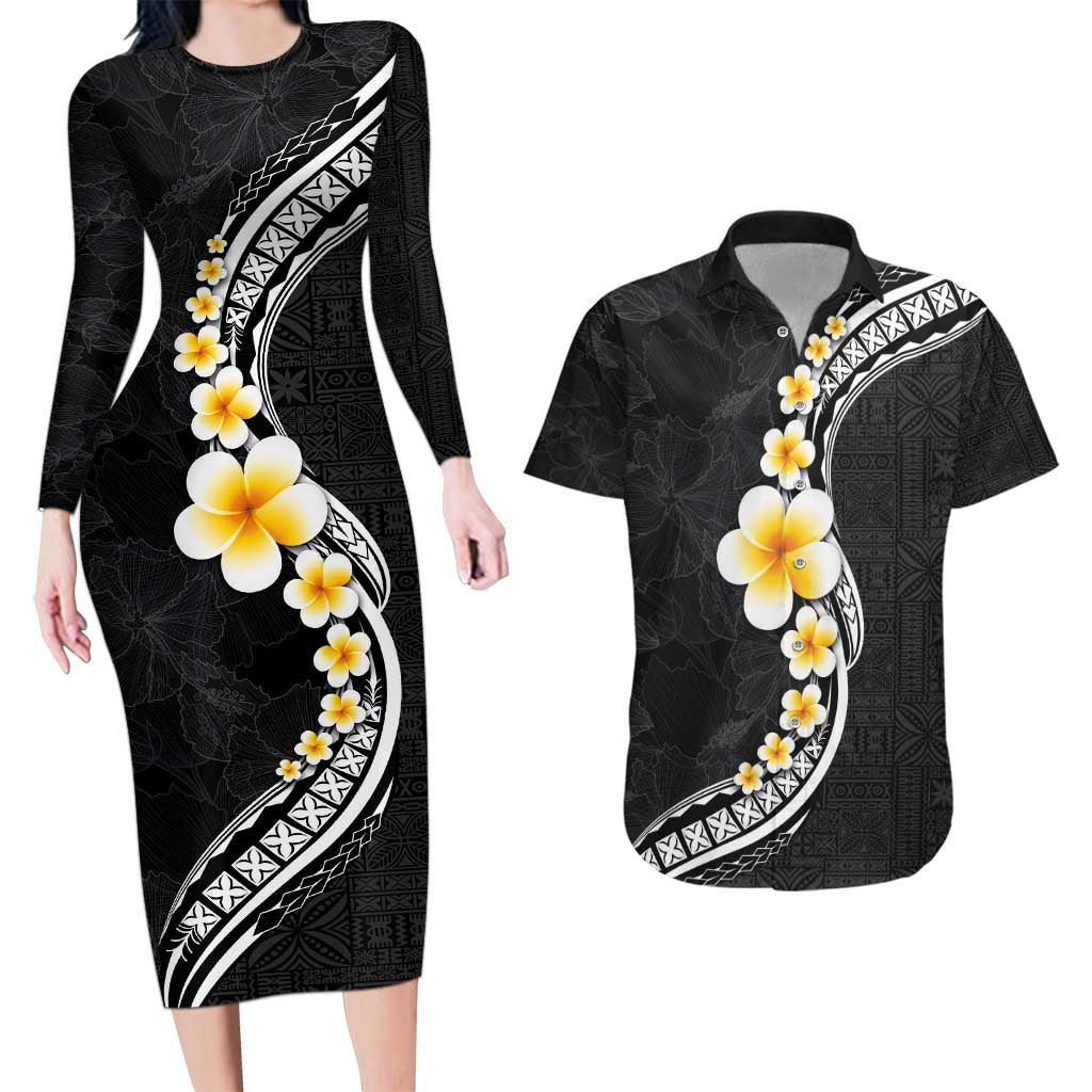 Pacific Hibiscus and Plumeria with Tapa Pattern Couples Matching Long Sleeve Bodycon Dress and Hawaiian Shirt Black Color