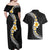 Pacific Hibiscus and Plumeria with Tapa Pattern Couples Matching Off Shoulder Maxi Dress and Hawaiian Shirt Black Color