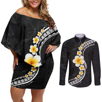 Pacific Hibiscus and Plumeria with Tapa Pattern Couples Matching Off Shoulder Short Dress and Long Sleeve Button Shirt Black Color LT03 Black - Polynesian Pride