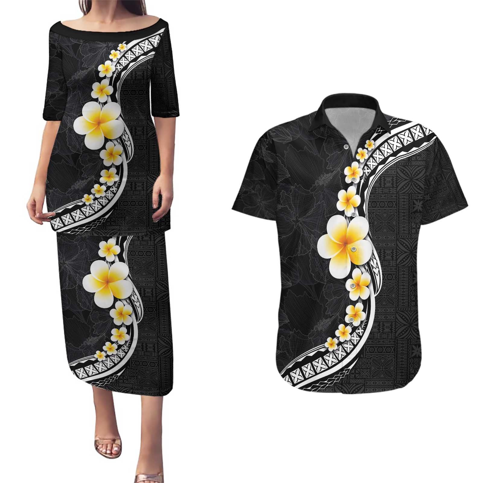Pacific Hibiscus and Plumeria with Tapa Pattern Couples Matching Puletasi and Hawaiian Shirt Black Color
