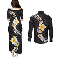 Pacific Hibiscus and Plumeria with Tapa Pattern Couples Matching Puletasi and Long Sleeve Button Shirt Black Color LT03 - Polynesian Pride