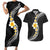 Pacific Hibiscus and Plumeria with Tapa Pattern Couples Matching Short Sleeve Bodycon Dress and Hawaiian Shirt Black Color