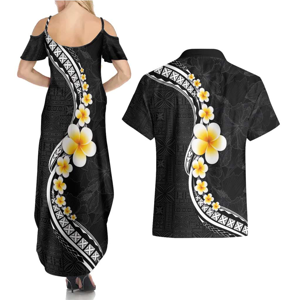 Pacific Hibiscus and Plumeria with Tapa Pattern Couples Matching Summer Maxi Dress and Hawaiian Shirt Black Color