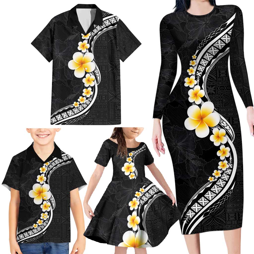 Pacific Hibiscus and Plumeria with Tapa Pattern Family Matching Long Sleeve Bodycon Dress and Hawaiian Shirt Black Color