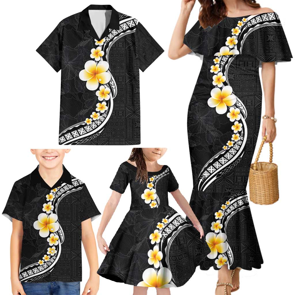 Pacific Hibiscus and Plumeria with Tapa Pattern Family Matching Mermaid Dress and Hawaiian Shirt Black Color