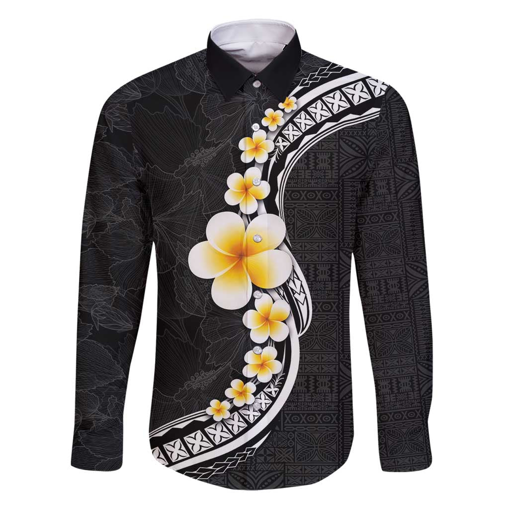 Pacific Hibiscus and Plumeria with Tapa Pattern Family Matching Mermaid Dress and Hawaiian Shirt Black Color