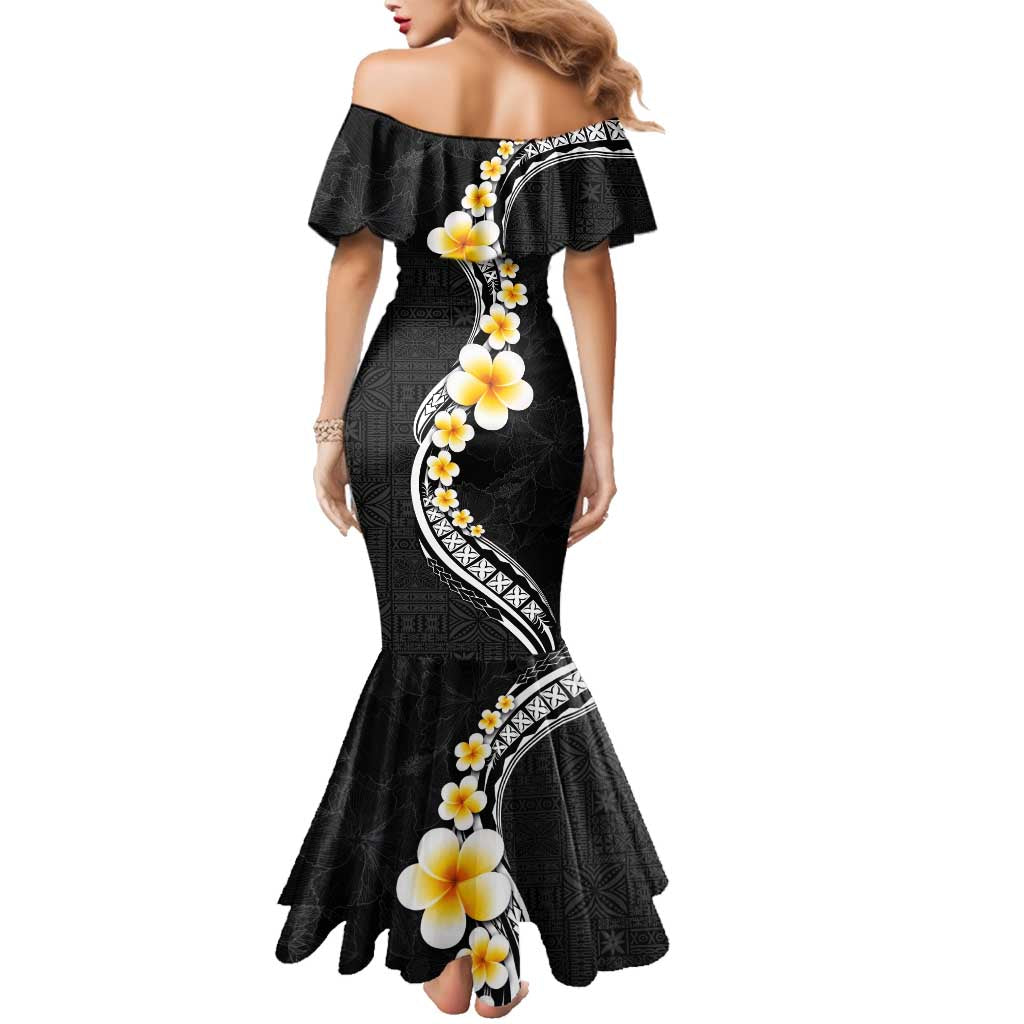 Pacific Hibiscus and Plumeria with Tapa Pattern Family Matching Mermaid Dress and Hawaiian Shirt Black Color