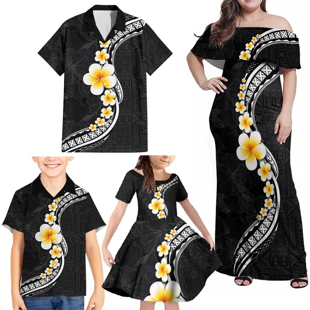 Pacific Hibiscus and Plumeria with Tapa Pattern Family Matching Off Shoulder Maxi Dress and Hawaiian Shirt Black Color