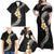 Pacific Hibiscus and Plumeria with Tapa Pattern Family Matching Off Shoulder Maxi Dress and Hawaiian Shirt Black Color