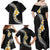 Pacific Hibiscus and Plumeria with Tapa Pattern Family Matching Off Shoulder Maxi Dress and Hawaiian Shirt Black Color